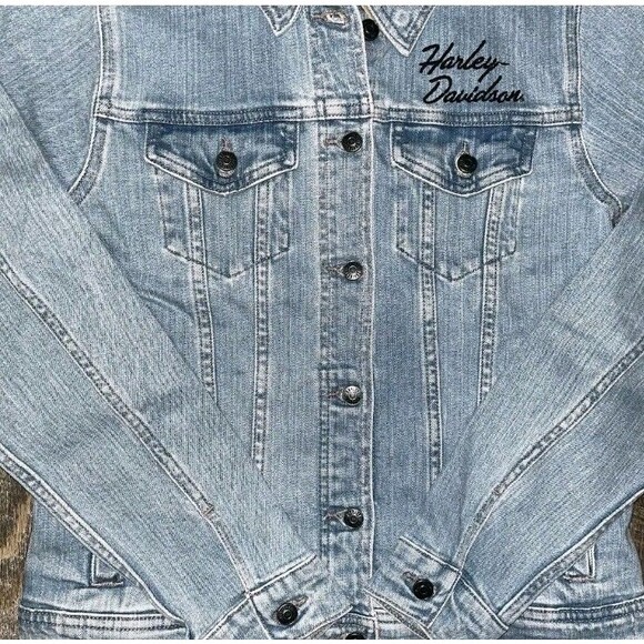 NEW HARLEY DAVIDSON EMBROIDERED WOMEN'S M SILVER WING STRETCH BLACK DENIM JACKET - Picture 3 of 12